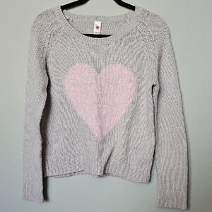 Total Girl Gray and Pink Fuzzy Crew Neck Sweater with Heart Design 14.6 - 16.5